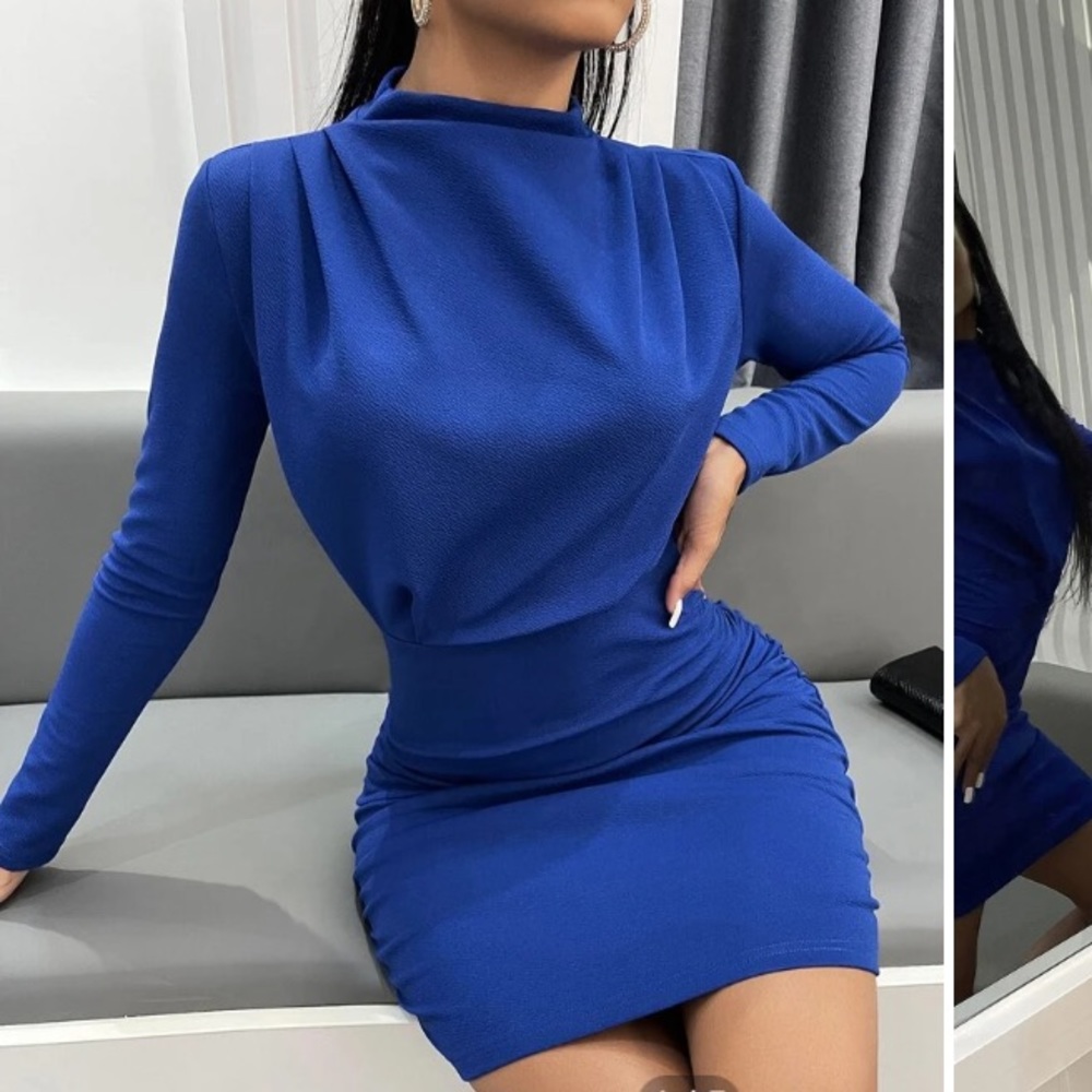 Royal blue long sleeve high neck dress